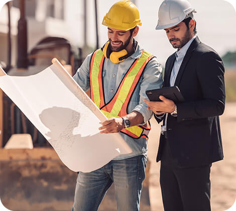 Construction workers with blueprint